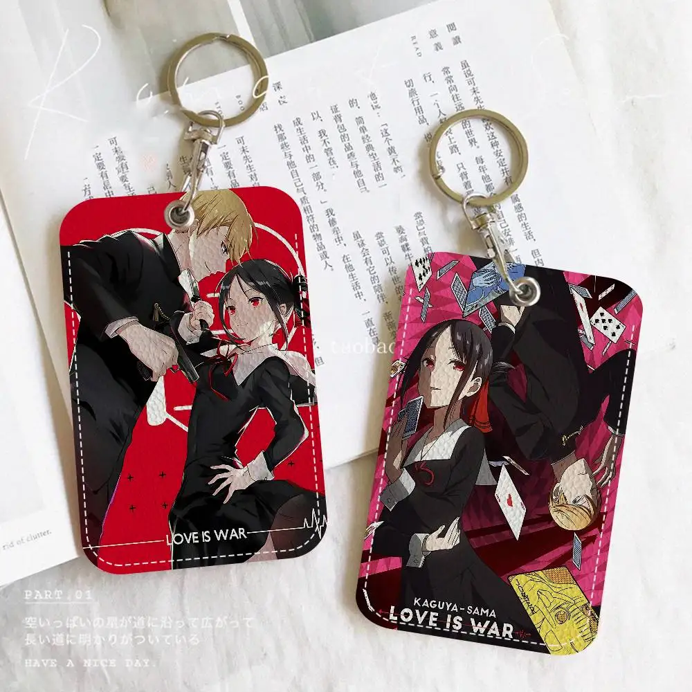 Kaguya Sama Love Is War 1Pc PU Leather Card Holder Keychain Key Ring Door Lock Access Tags ID Card Case Keychain Card