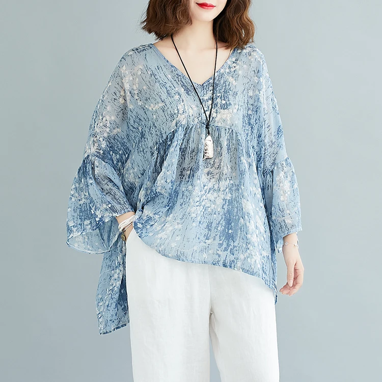 เสื้อยืดผู้หญิงไซส์ใหญ่ คอวี พิมพ์ลาย หลวม ปิดหน้าท้อง ผ้าฝ้ายผสมโพลีเอสเตอร์ แฟชั่นฤดูร้อน สวมใส่สบายๆ