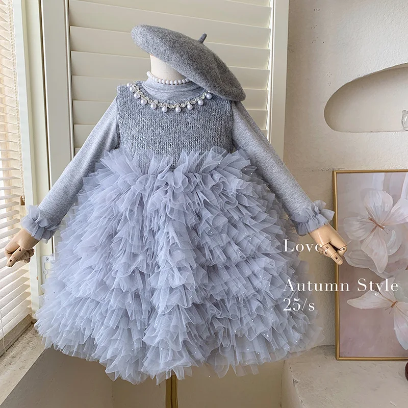 Spring Autumn Girls Cake Skirt Two-piece Set Kids Student Party Dress Baby Puff Soft Tulle Performance Dress Breathable Children