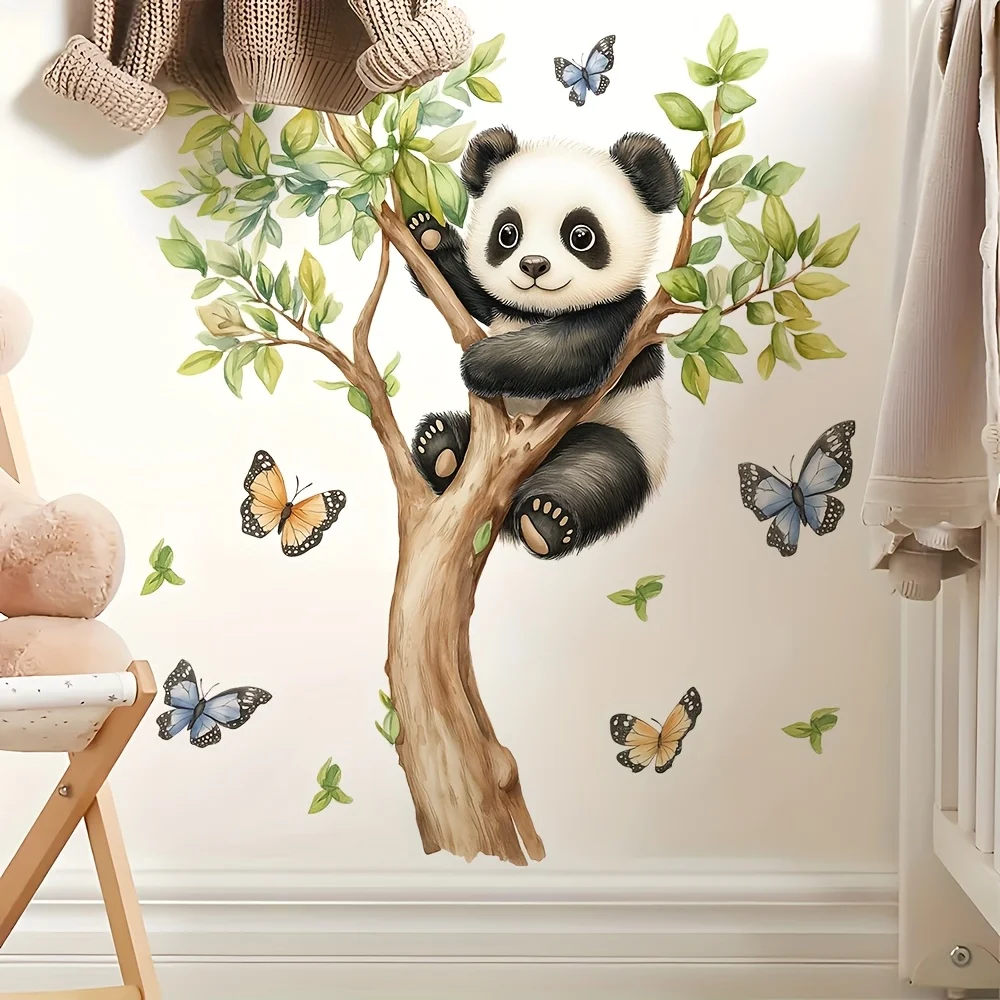 1 Cute Panda and Butterfly Tree Wall Sticker, Removable Self-Adhesive Sticker, Creative Decorative Sticker for Bedroom and Living Room, Home Scene Arrangement Wall Sticker