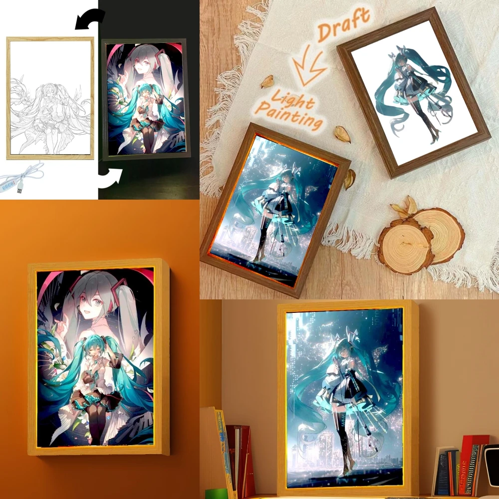 

Anime Figure Hatsune Miku Light Painting Photo Frame Kawaii Action Figures Led Night Light PVC Collectible Model Toys Girl Gift