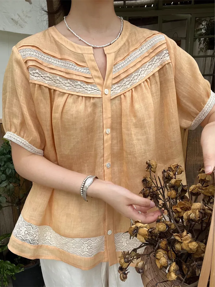 

112-116cm Bust Summer Ramie Shirts Tops Women French Elegant Casual Loose Short Sleeve Lace Patchwork Korean Fashion Blouses