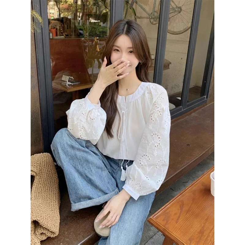 

Women Spring Summer Fashion Embroidered Loose Solid Color Long Sleeve Chiffon Shirts Ladies Casual All-match Temperament Tops