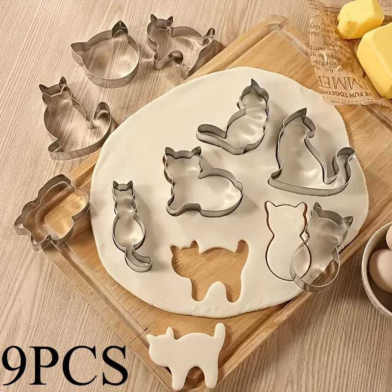Food Grade Stainless Steel Cookie Cutters 9Pcs, Cute Cat Design Baking Mousse Circle Mold, DIY Pastry Tool for Home Kitchen