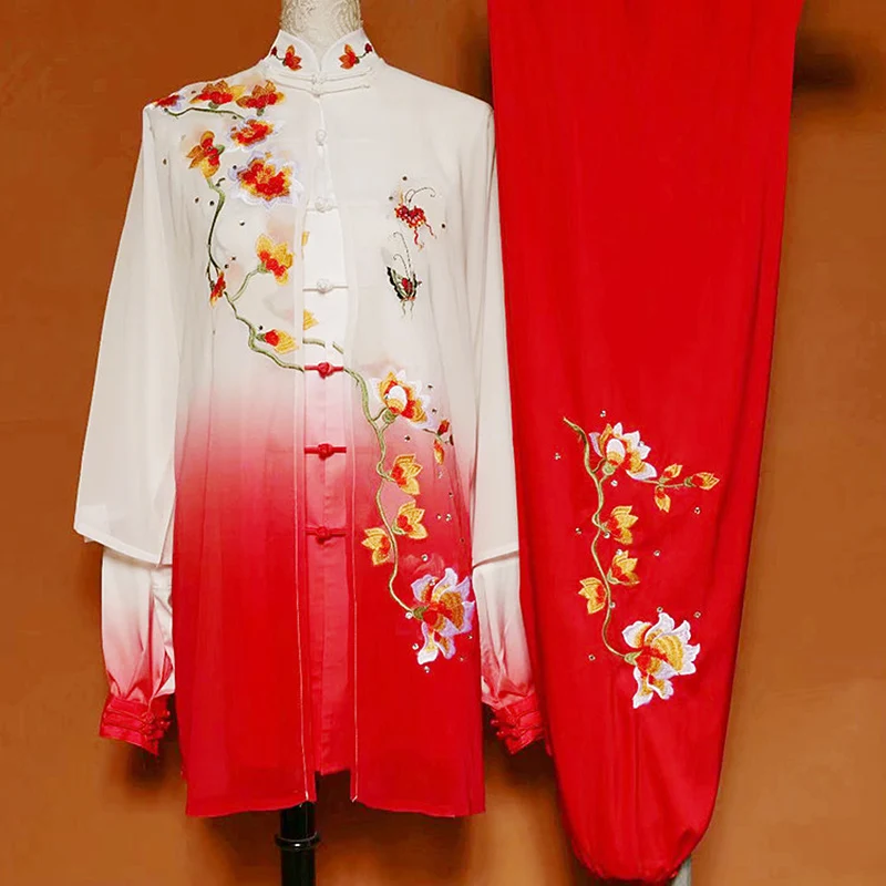 White Red Gradient Embroidered Plum Blossom Tai Chi Suit Women Martial Arts Training Wear Competition Performance Outfit Design