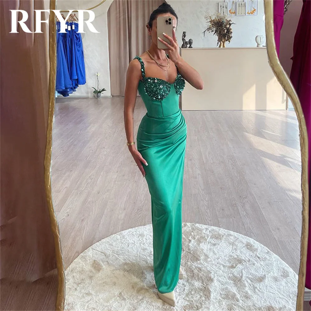 RFYR Green Scoop Women Evening Dress Simple Spaghetti Strap with Pleats Satin Sequins Trumpet Prom Formal Gowns Dress Customized