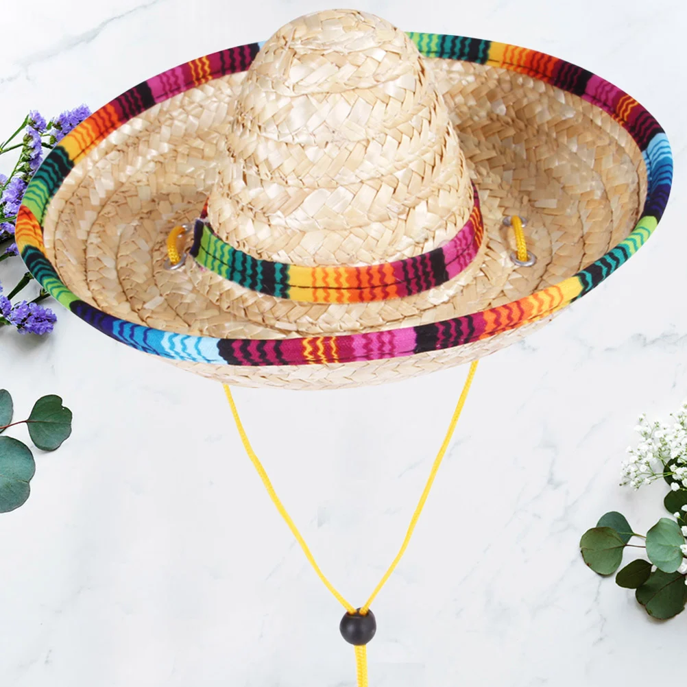 1 قطعة جديلة القش تنفس قبعة الشمس للحيوانات الأليفة قابل للتعديل سلسلة الصيف البيج M حجم حروق الشمس الوقاية هدية قبعة الشمس للحيوانات الأليفة #4