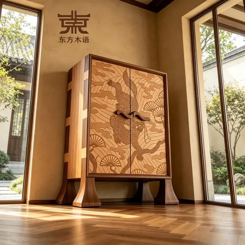 New Chinese Style Solid Wood Double Door Entrance Hall Cabinet Dragon Pattern Storage Table Folk Style Home Decor Furniture