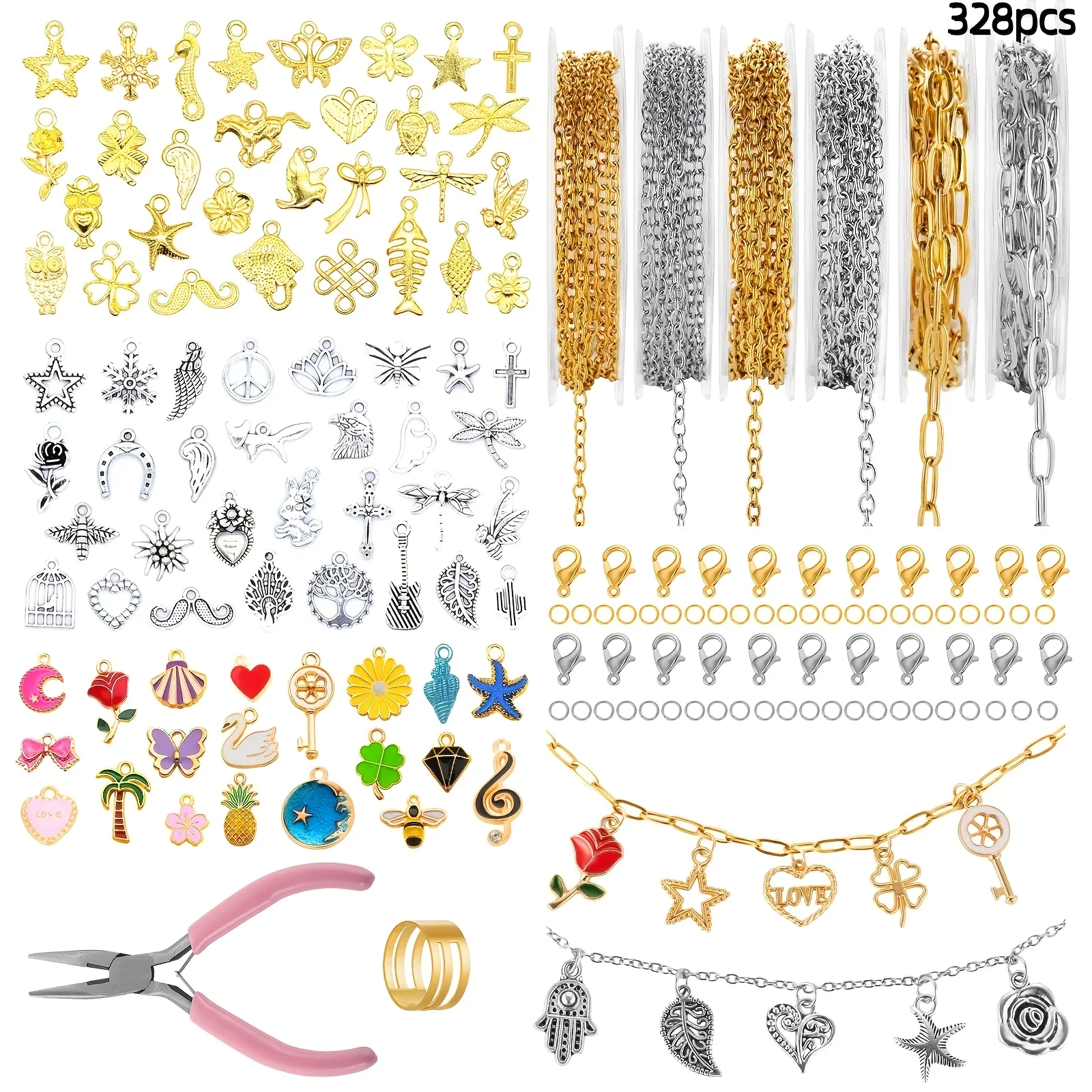 Golden Silvery Chain For Jewelry Making, 19.7ft 6 Rolls Stainless Steel Chains Bulk With 328pcs Charms, Jump Rings Lobster Clasps Set For Bracelet Necklace Crafts