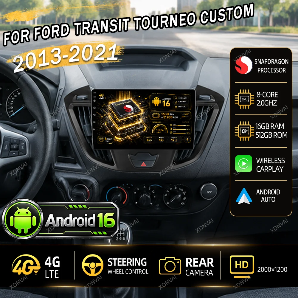 Android 16 Car Radio Multimedia Video Player For Ford Transit Tourneo Custom 2013-2021 5G WIFI Navigation Autoradio DSP Qualcomm