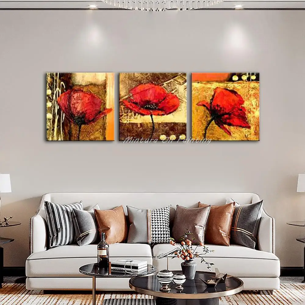 Mintura Hand-Painted Abstract Beautiful Red Flowers Oil Painting On Canvas,3 Pcs/Set Wall Art,Picture For Living Room,Home Decor