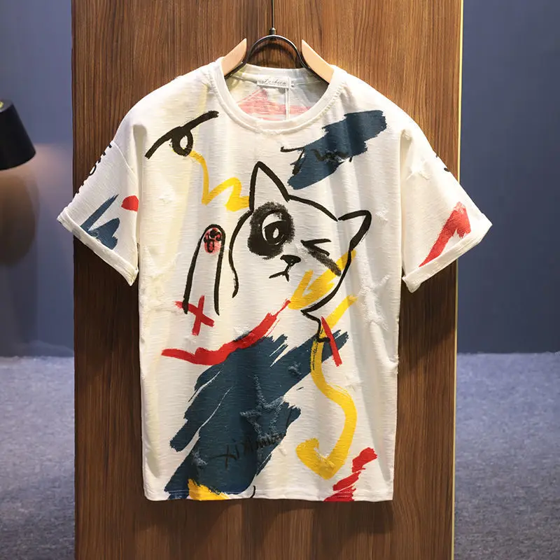 Summer New Fashion Printing T-Shirts Man Round Neck Casual Short Sleeve Pullovers Pure Cotton Loose Y2K All-match Vintage Tops