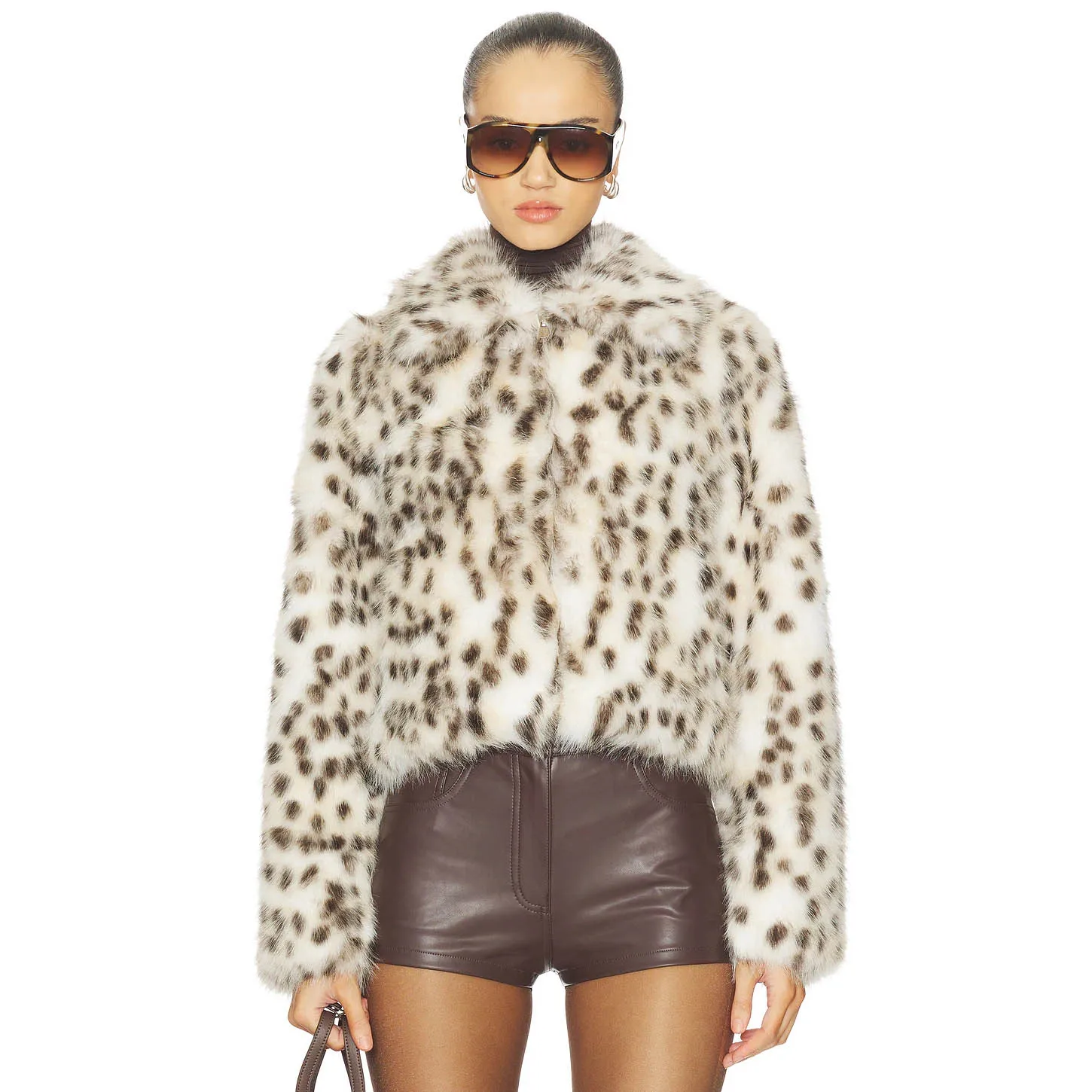 RU 2026 Women Leopard Furry Crop Coat Thick Plush Outerwear Suitable For Autumn Winter Casual Urban Trendy Outfits