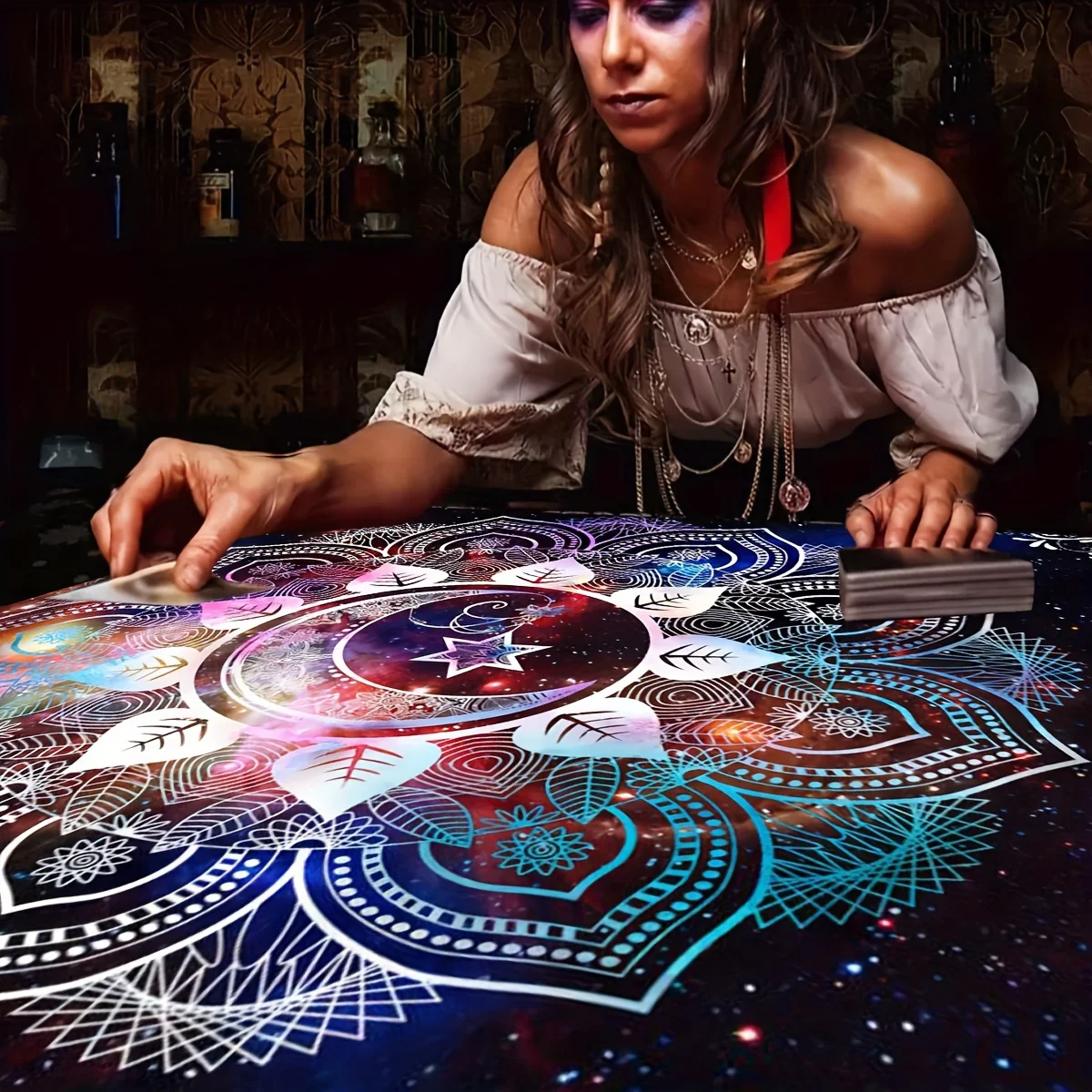 1pc Mandala Starry Sky Moon Phase Tarot Tablecloth, Witchcraft Astrology Altar Cloth for Card Reading, Card Game & Bedroom Decor