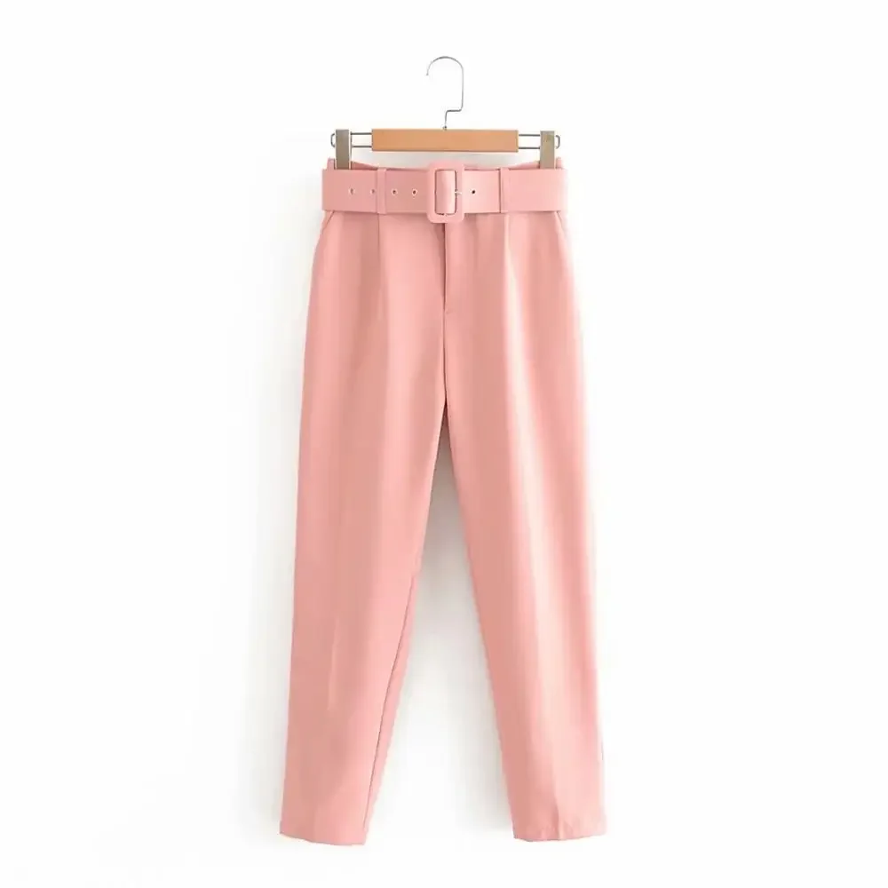 Calça casual de cintura alta feminina, elegante na moda, calça lápis harém, monocromática, marrom, preta, branca, senhora do escritório