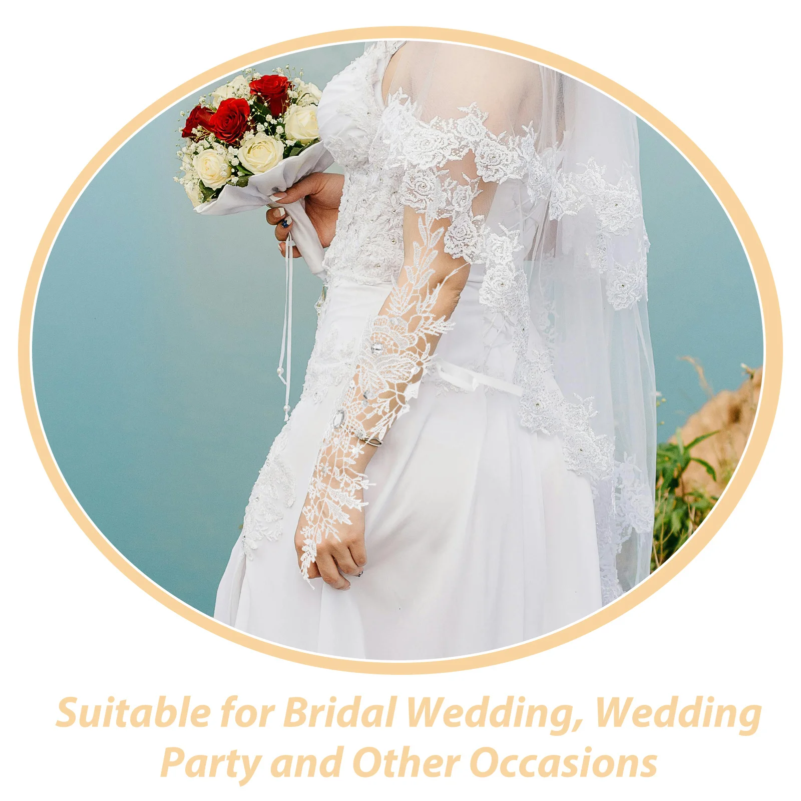 1 paio di guanti lunghi senza dita in pizzo con strass da donna, da sposa, da sposa, eleganti, da cerimonia, guanti in pizzo per donna, guanto da sposa