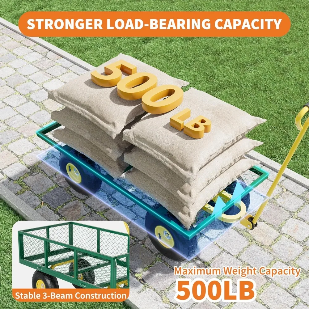 Heavy-Duty 500 Lbs Capacity Garden Cart with 10 Inch Tires, Removable Mesh Sides, 180° Rotation for All-Terrain Use