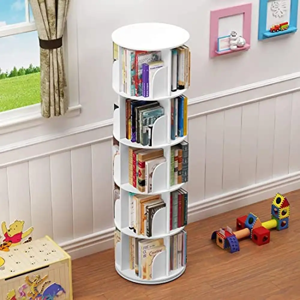 5 Tier Rotating Bookshelf Organizer Stackable Storage Space Solution Bedroom & Study Room Easy Assemble White Wood & Plastic