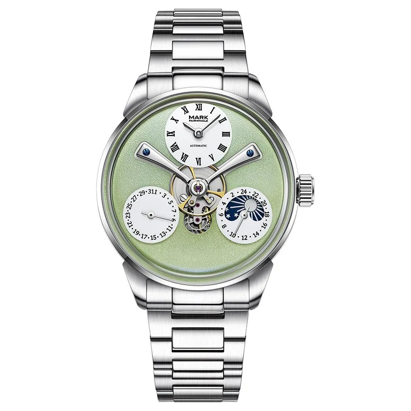 Markfairwhale Fully Automatic Mechanical Watch Tourbillon Date Moon Phase Display Waterproof Transparent Case Back 46mm  Dial