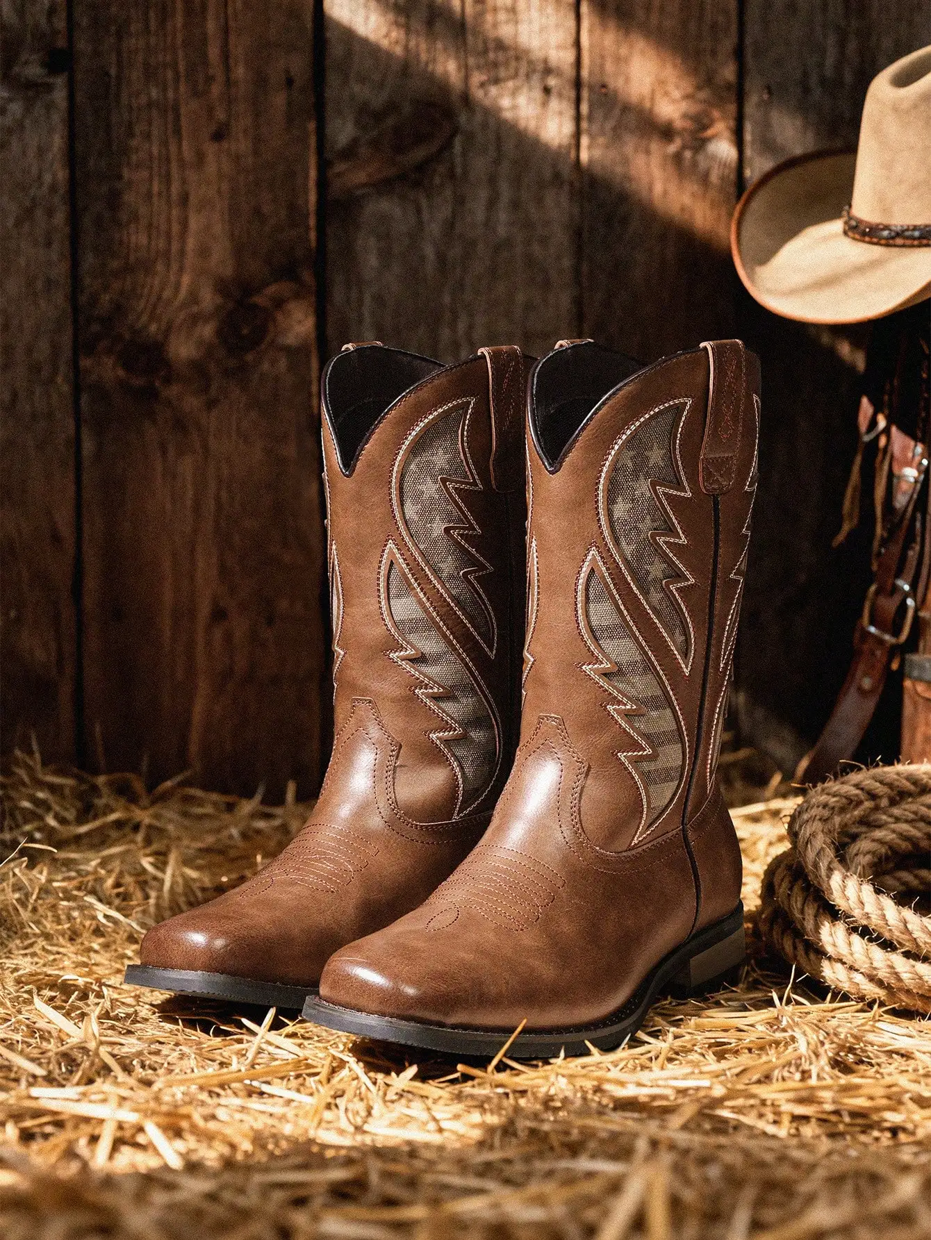 Men's Cowboy Boots Leather Western Style Rugged Comfortable Durable Short Retro Country Square Toe Boot
