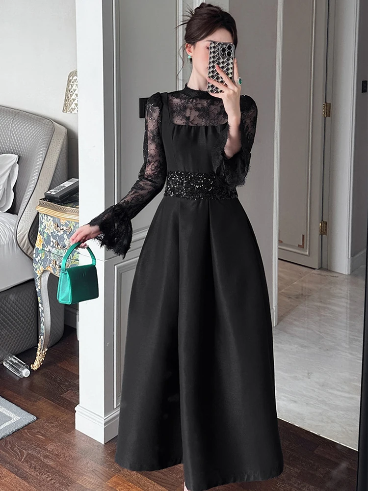 ผู้หญิง Retro ชุดราตรีหรูหราภาษาฝรั่งเศสคําพรหม SHEER Lace Splice เอวสูงขนาดใหญ่ Swing Robe หญิงสีดําเลื่อมปาร์ตี้ ...