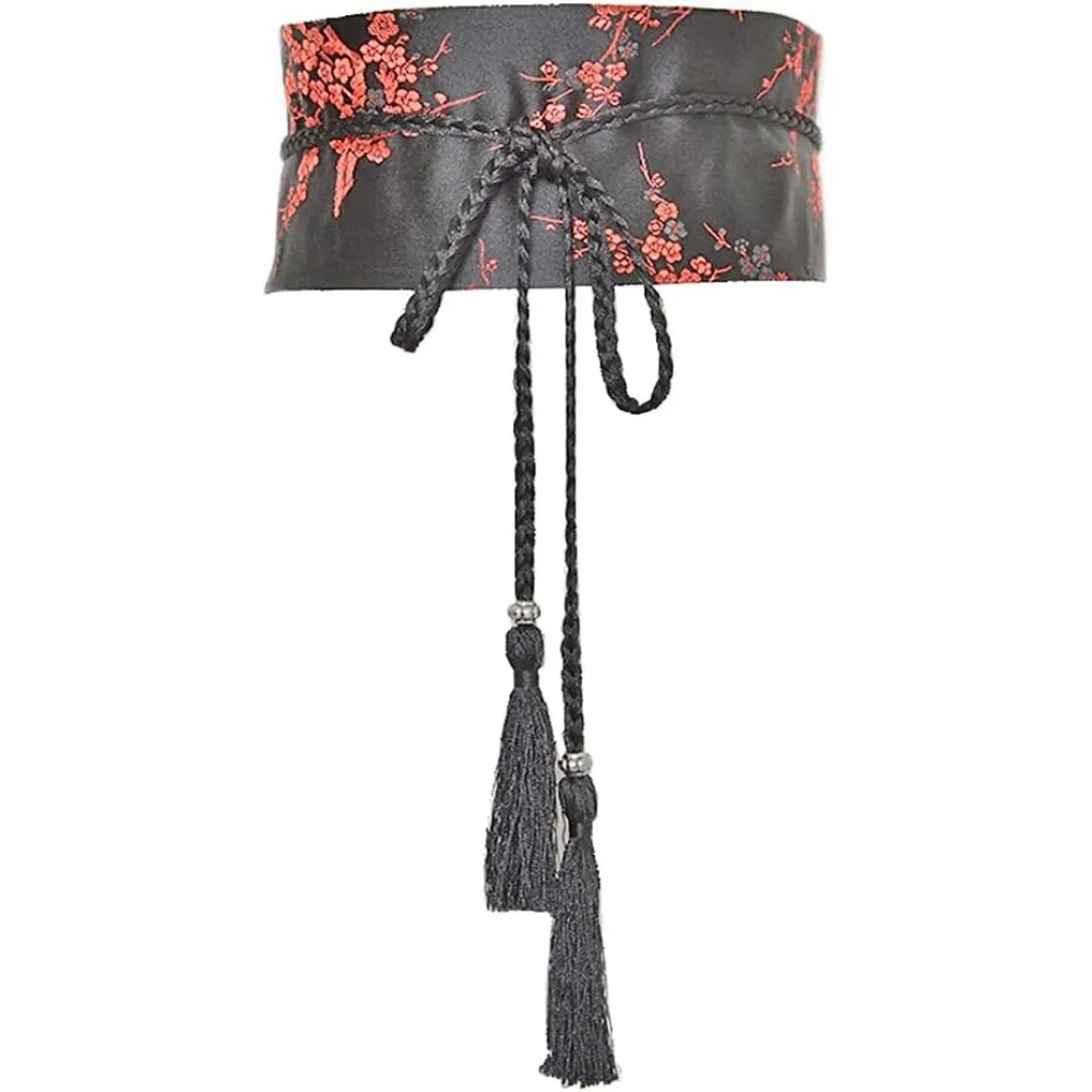 Cintura larga da donna con corsetto in vita, papillon avvolgente, ricamo in seta con fiori di pesca per abito taglie forti