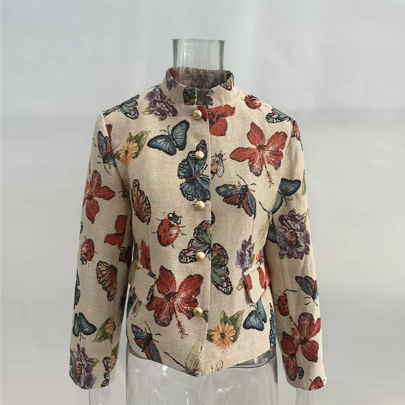 Damen-Crop-Mäntel mit Stehkragen, Jacquard-Muster, langärmelig, Herbst, einreihig, mit Paneelen, schicke neue Oberbekleidung – Detail 3