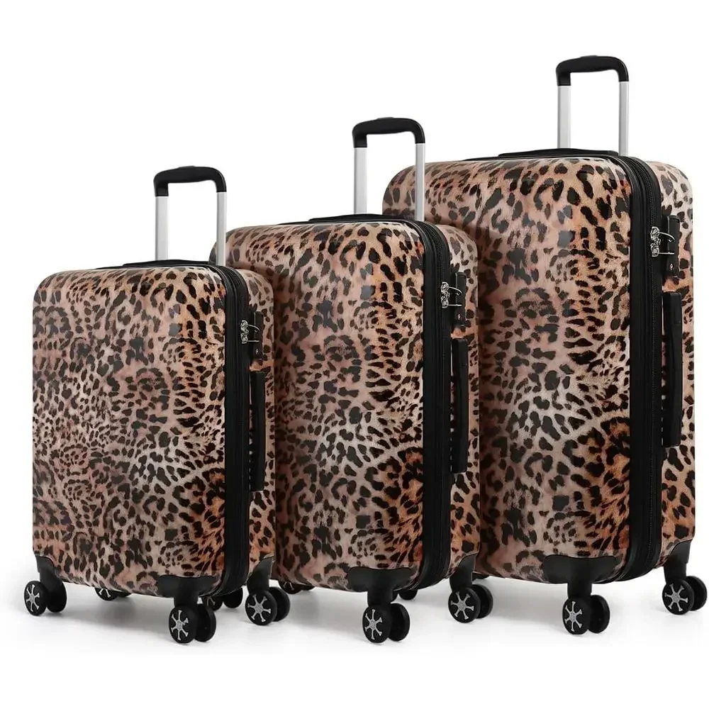 3-Piece Expandable Hardshell Suitcase Set with TSA Lock and 4 Spinner Wheels for Travel in Leopard Print