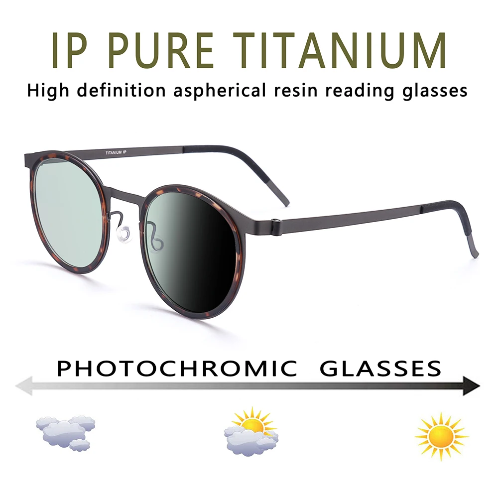 Pure titanium Reading Glasses Sun Photochromic Gray Square Farsighted Spectacles Women Men Magnifier 0 +25 +50 +75 +100 To +600