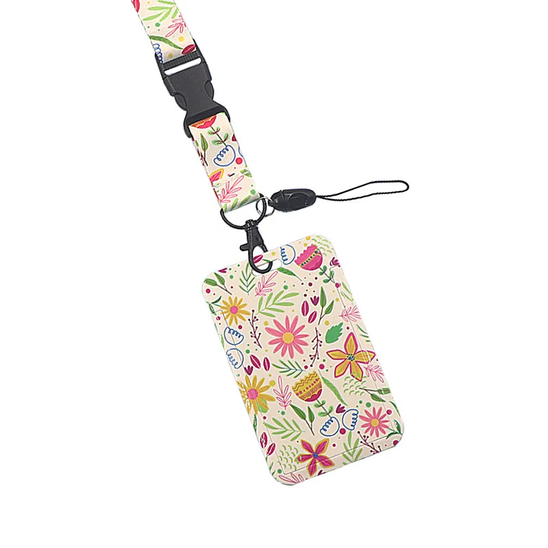 Student ID Card Holder with Neck Strap Lanyard Aesthetic Floral Leaf Series Bus Subway Card Cover Case Kpop Photocard Protector