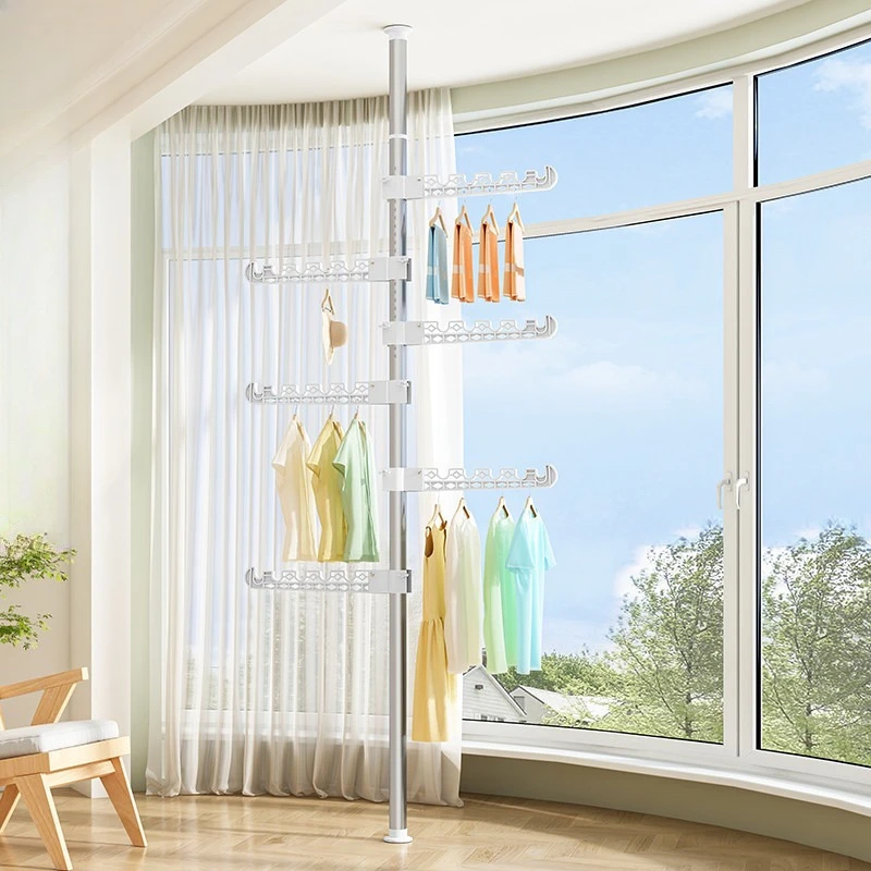 

Floor Standing Clothes Drying Rack Indoor Adjustable No Drill Telescopic Pole for Balcony Window Hanging
