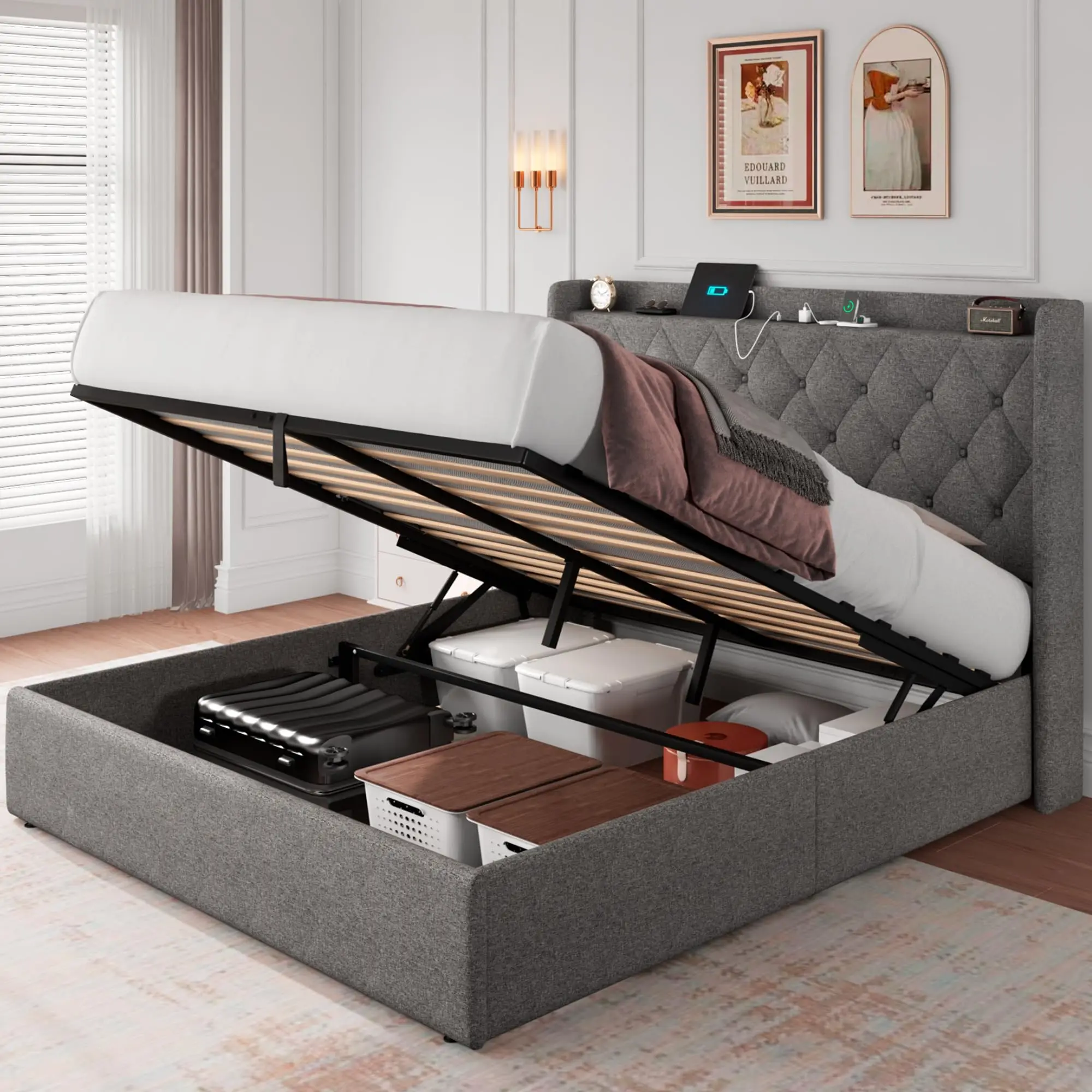 Queen Size Lift Up Storage Bed Frame with Charging Station, Upholstered Platform Bed Frame with Tufted Headboard