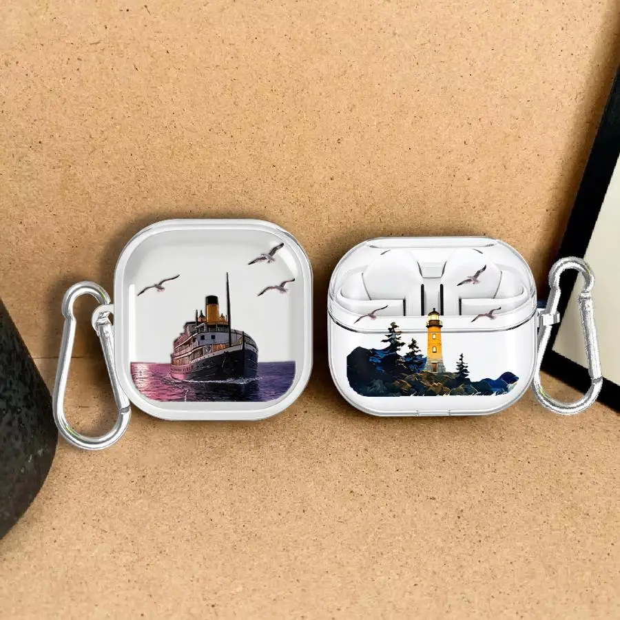 Clear Earphone Cases Cover Case For Samsung Galaxy Buds 2 4Pro 3Pro Live 3 FE 4 Pro Oil Painting Lighthouse Ship