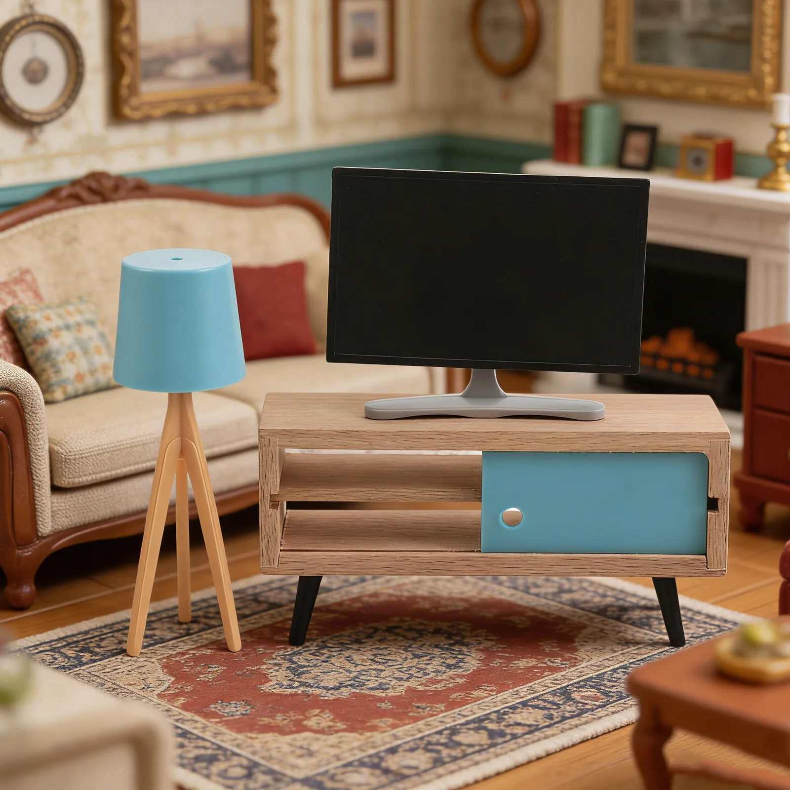 

1 Set Miniature Dollhouse Furniture Set Wooden TV Stand Blue Drawer Mini Television Floor Lamp for Pretend House Tiny Furniture