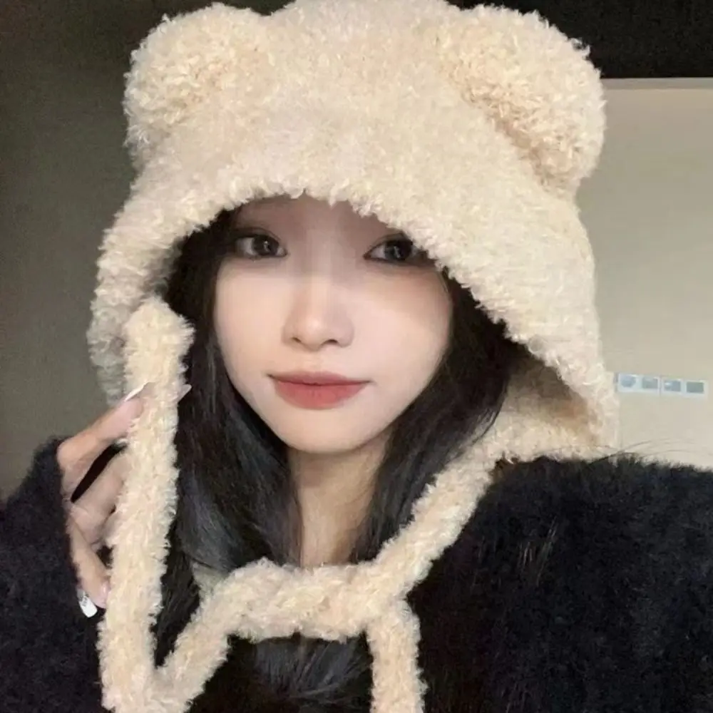 Cute Lace-up Bear Ears Knit Hat Slouchy Warm Ear Protection Hat Thick Fleece Lined Beanie Cap Cold Weather