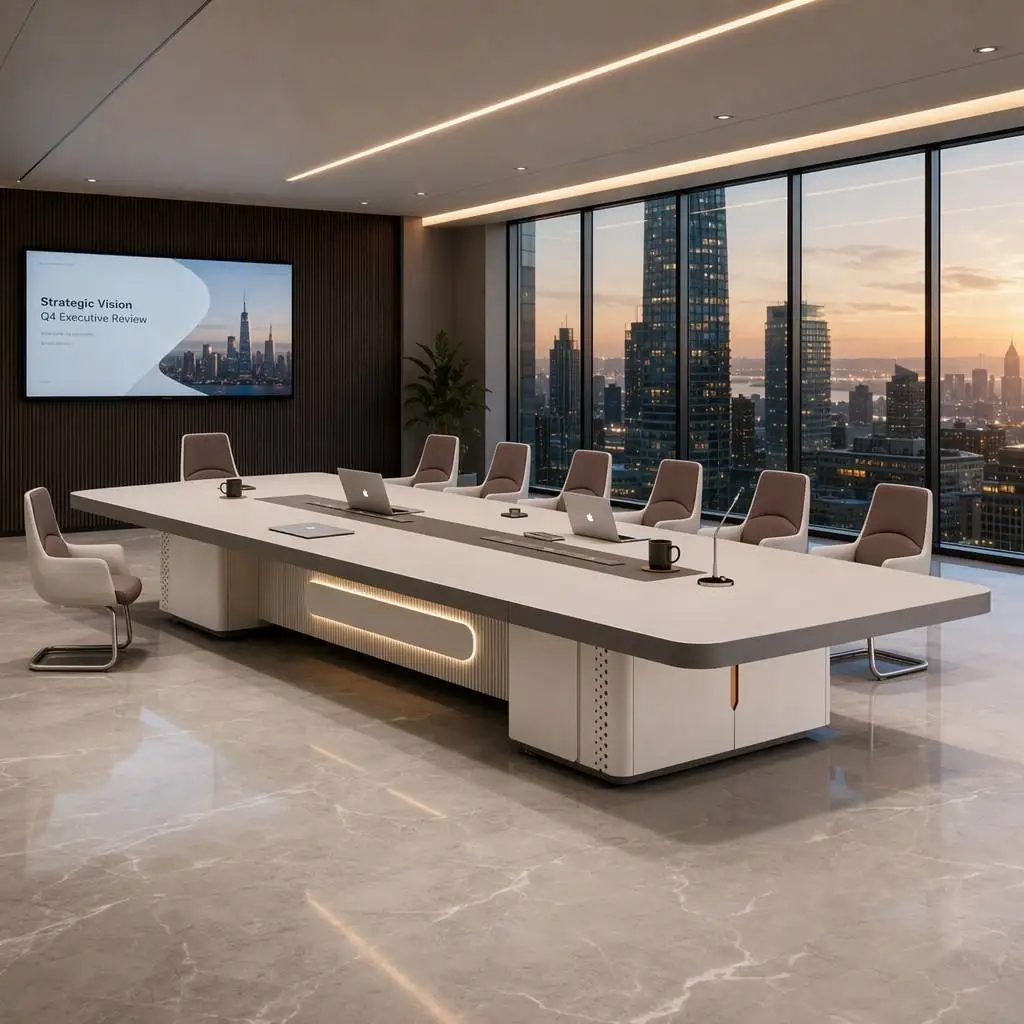 Luxury Conference Table E0 Board LED Light Built-in Power Strip 50mm Top Aluminum Corner Large Meeting Desk OEM Custom Size