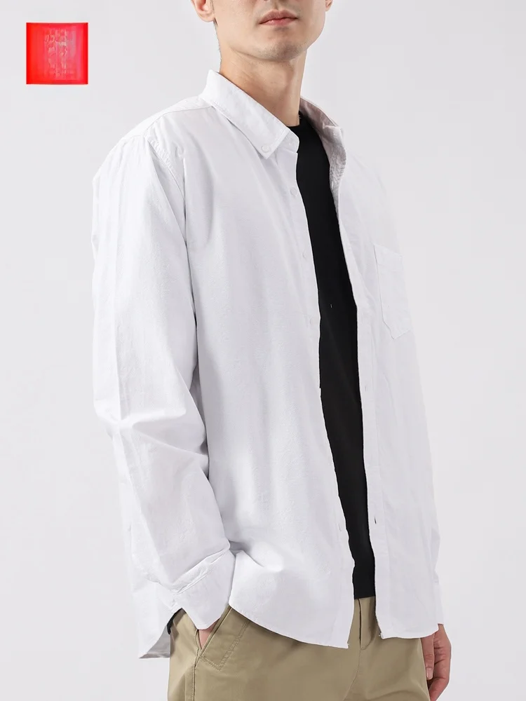 

Мужская повседневная рубашка из чистого хлопка с длинным рукавом, плотная, в американском стиле, новая весенняя коллекция, чисто белая, в стиле кэжуал.