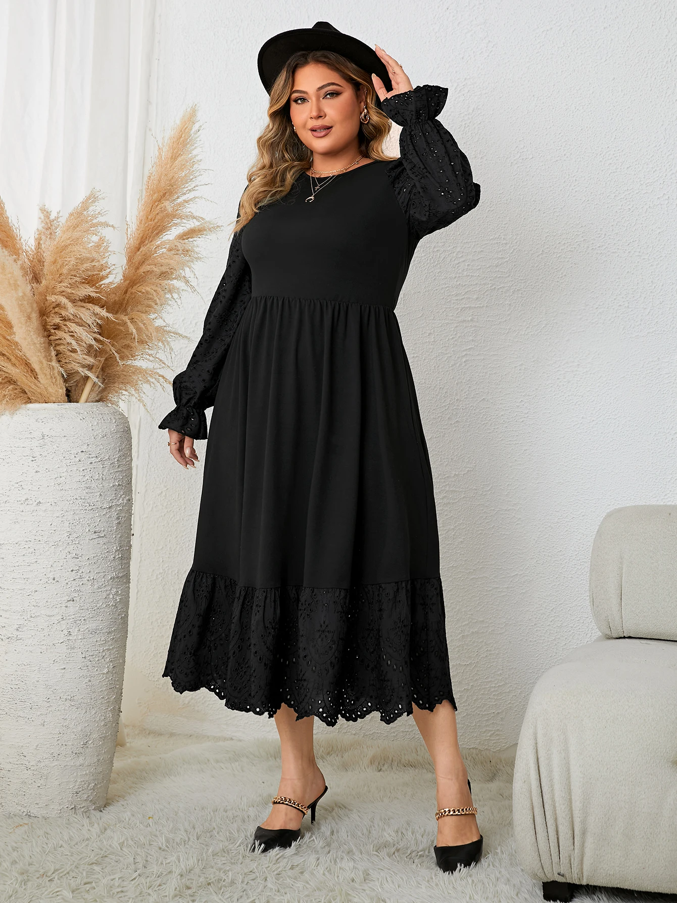 Black Elegant Women's Dresses Casual Hollow Puff Long Sleeve Plus Size Maxi Dress Lady Party Evening Clothing Large Size Dress