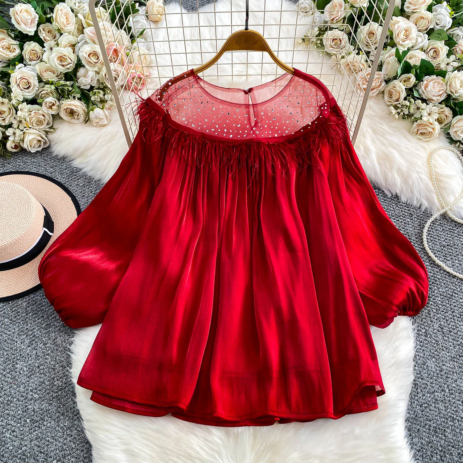 

Vintage basics long sleeve Spliced mesh Blouse Korean Fashion Sexy office lady Shirt women clothing