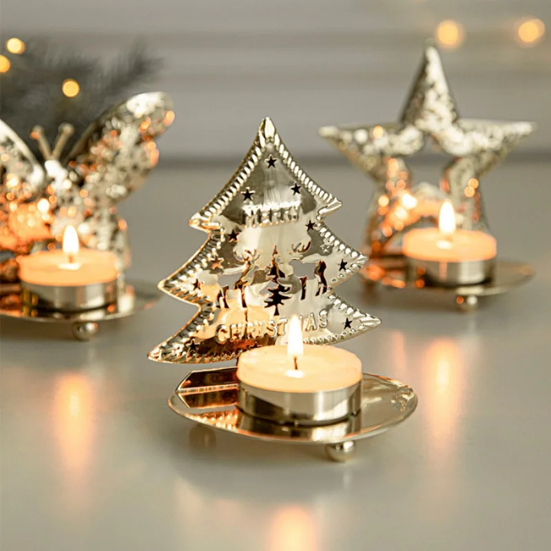 1pcChristmas Baum Kerzenhalter Gold Eisen Schneeflocke Elch Kerze Stehen Ornament Weihnachten Dekoration Vintage Tablett Dekorative Suppl