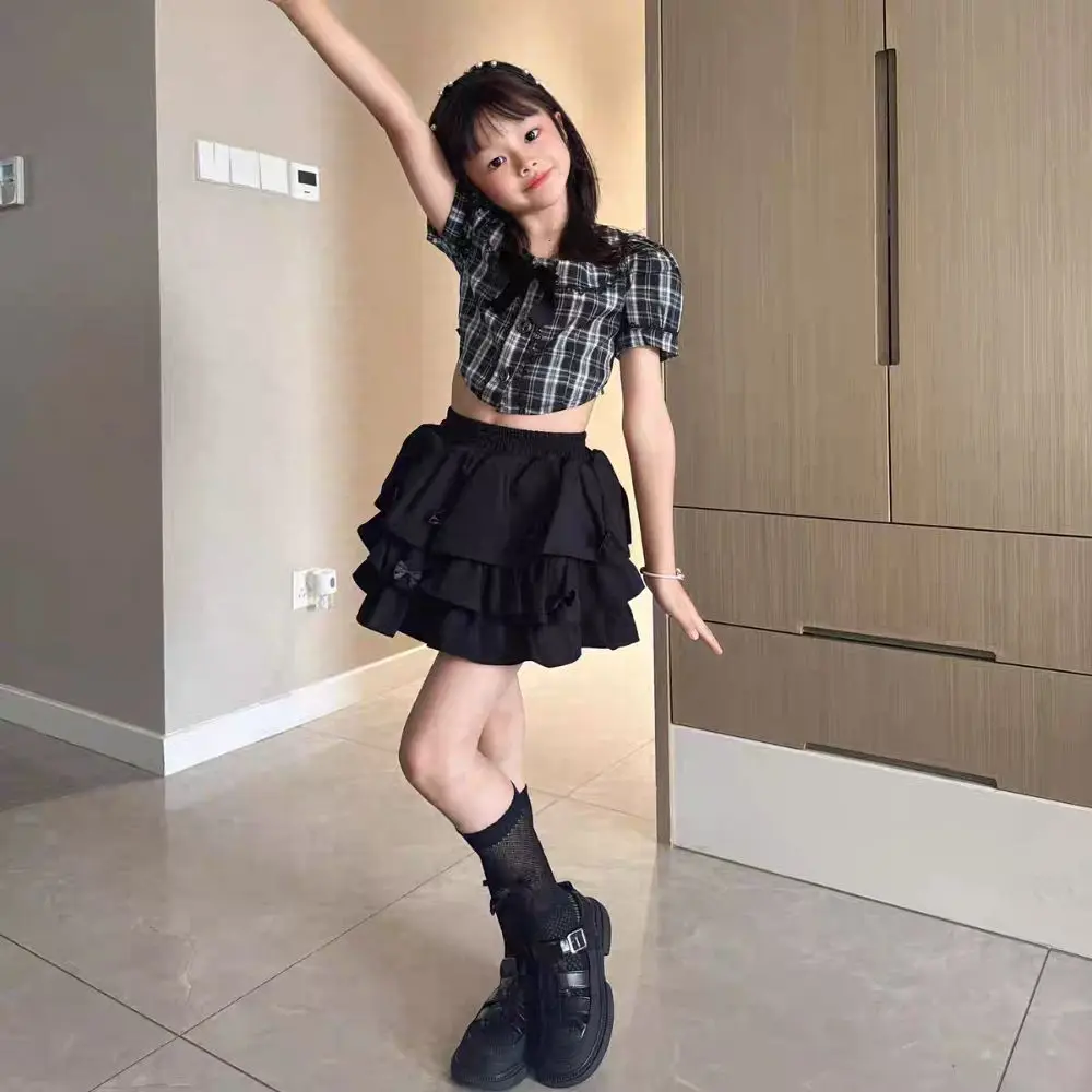 

Cake Dress Sweet Girls Wear Suit Teens Party T-shirt Plaid Skirt Set Preppy Style Costume Short Sleeve Children Summer Clothes