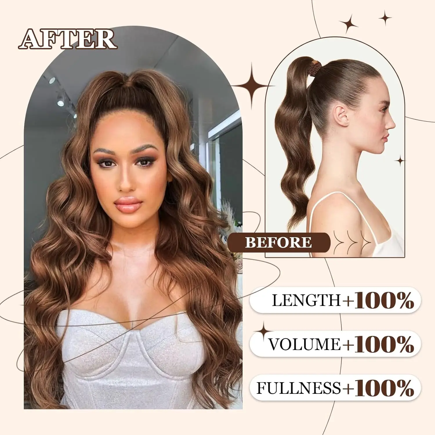 # 4 Body WAVE Drawstring หางม้า 100% Human Hair Extensions สีน้ําตาลปานกลางห่อรอบ Drawstring หางม้าคลิปในส่วนขยายของผม