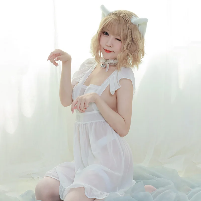 Erotic See Through Maid Outfit Cosplay Uniform with Small Bell Neck Rings Back Cross Straps Sexy Skirts Couple Playing Costume