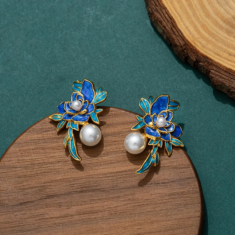 

Chinese style peony flower gold flower silk two-color enamel craftsmanship classical women's earrings retro jewelry