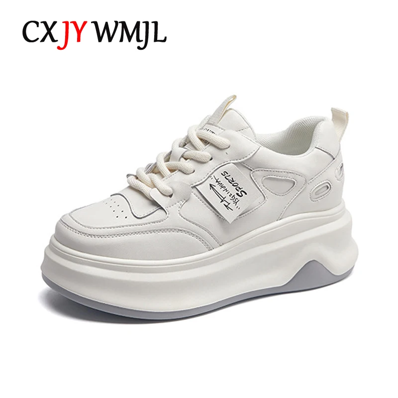 

CXJYWMJL Genuine Leather Women Platform Sneakers Spring Wedgies Casual Vulcanized Shoes Ladies Thick Soled Sports White Skate