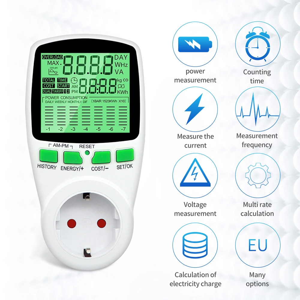 Digitaler Spannungs-Wattmeter, US/UK/EU-Steckdose, Energiezähler, Leistungsmesser für Wattzahl, kWh-Leistungsmesser mit Hintergrundbeleuchtung – Detail 2