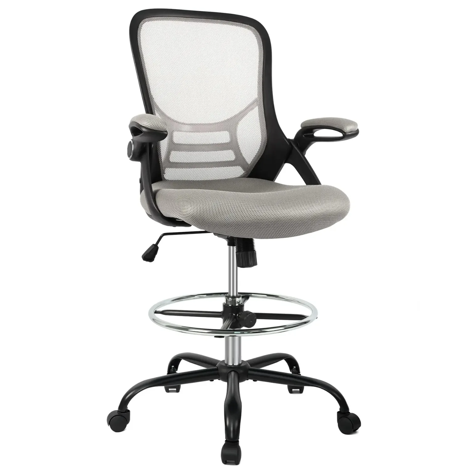 Drafting Chair Tall Office Chair High-Back Mesh Standing Desk Stool with Adjustable Footrest Ring and Flip-Up Arms Black