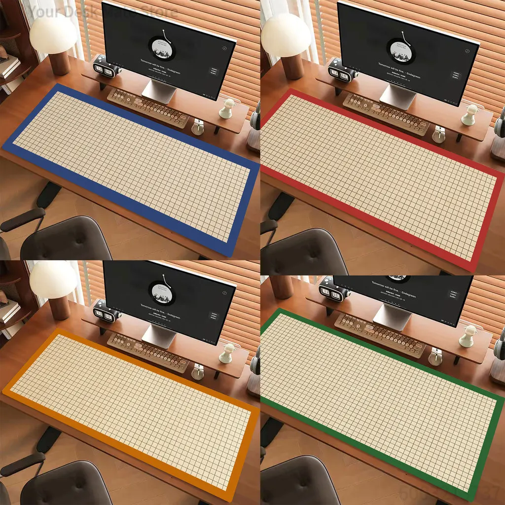 Minimal Grid Pattern Large Desk Mat, Blue Border Gaming Mouse Pad, Non-Slip Rubber Base with Stitched Edge for Office & Gaming