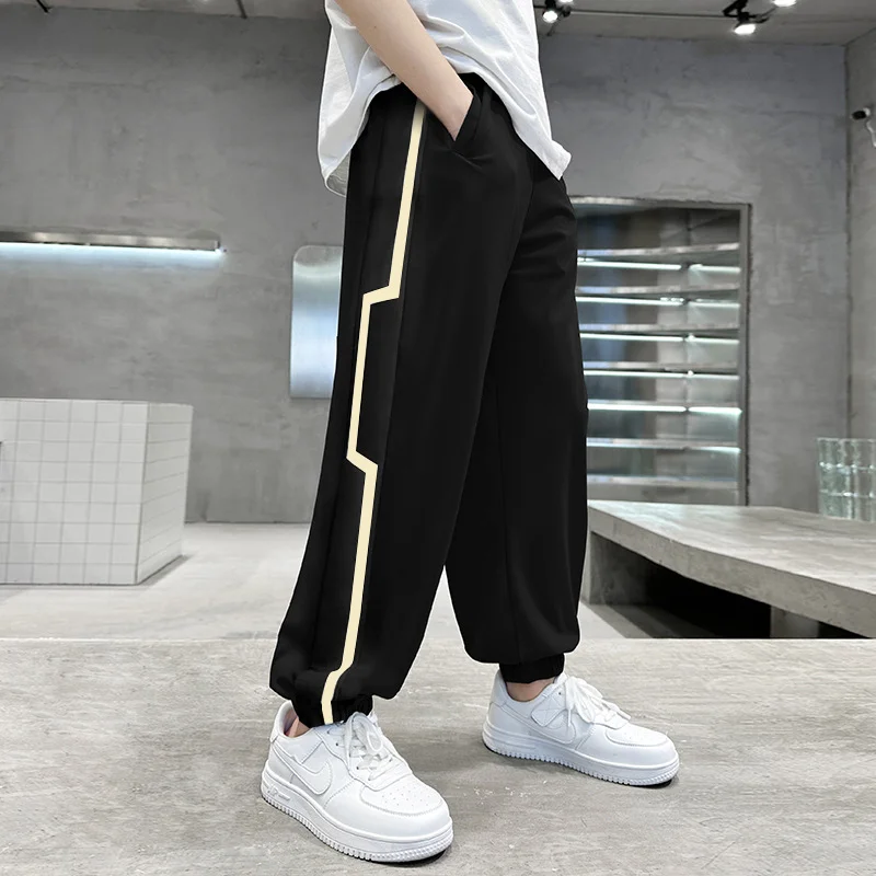 4-14T Boy Casual Solid Straight Ice Shreds Pants For 2024 Summer New Elastic Waist Comfortable Children Trousers High Quality