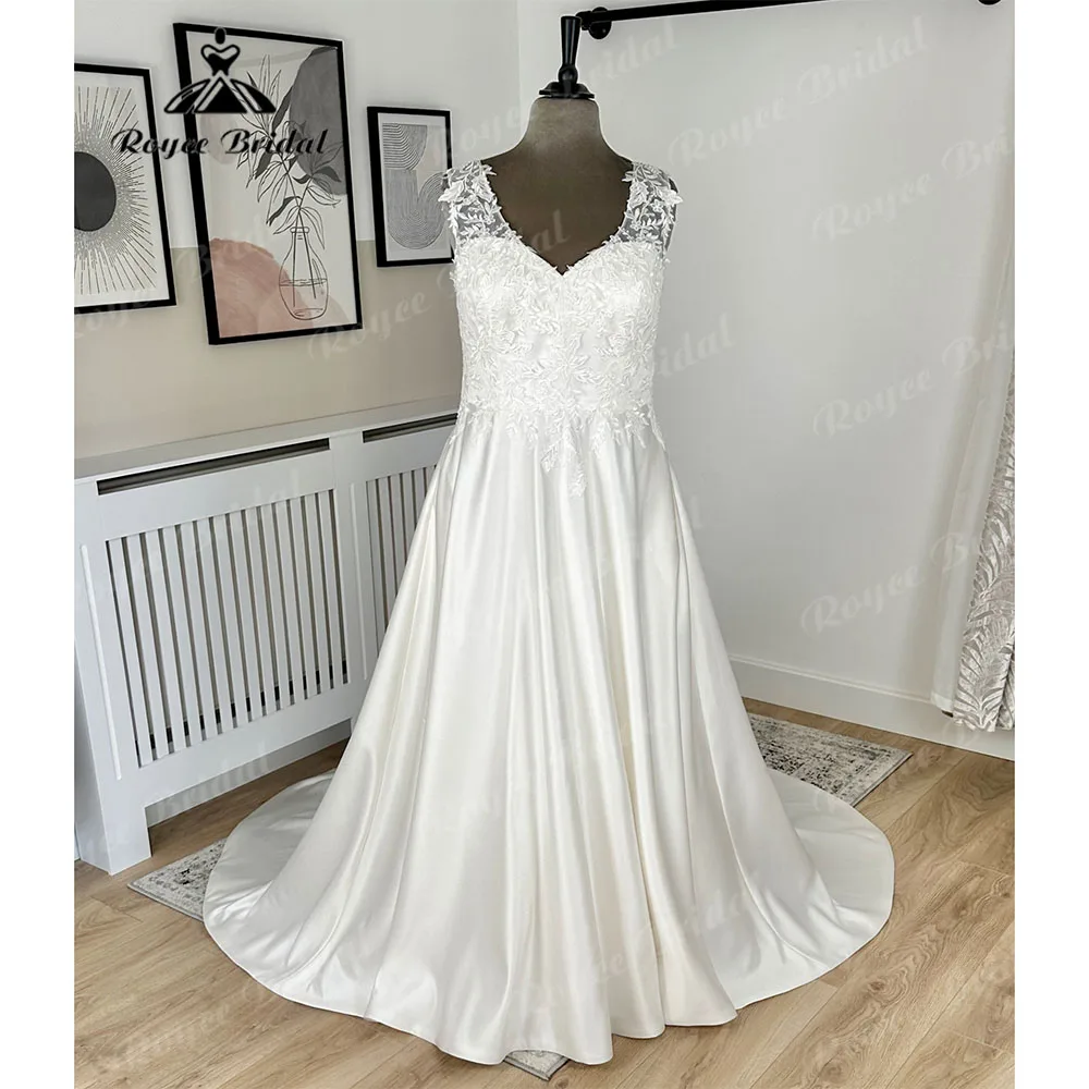 Vintage Plus Size Soft Satin Lace Bodice A Line V Neck Wedding Dress for Women 2024 Illusion Back Bridal Gown vestidos de noche